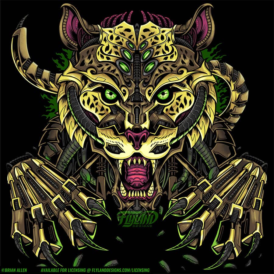 A leopard that has been given robotic qualities like metal claws and metal skin instead of fur. A cyborg leopard.
Artwork by Brian Allen, Flyland Designs