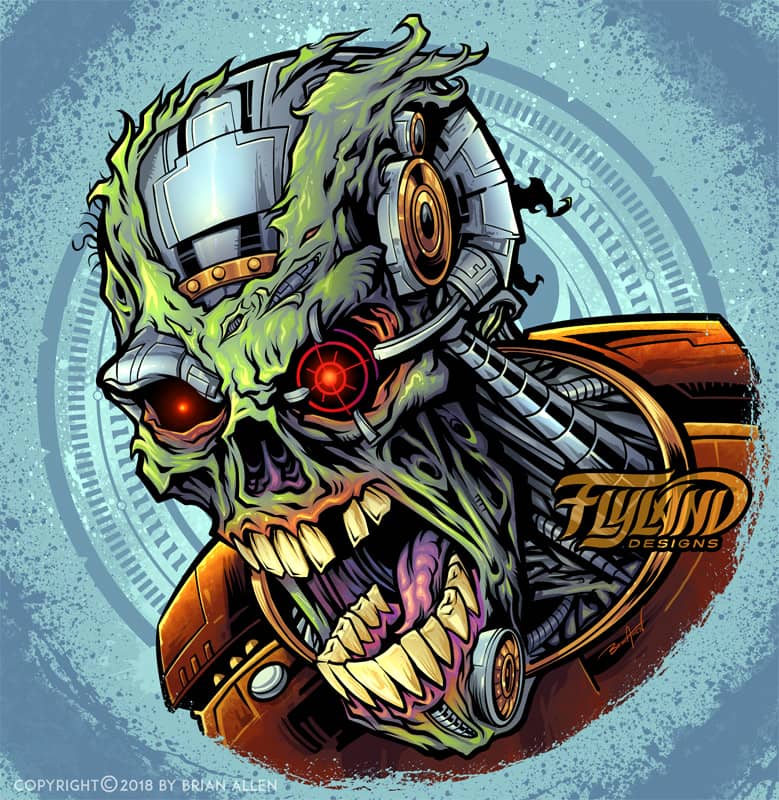 A cyborg robot zombie head with