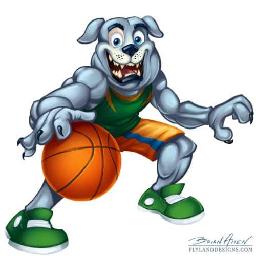 Sports mascot illustration of a bulldog playing basketball for kids