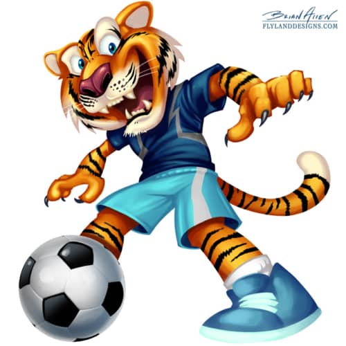 Sports mascot illustration of a tiger playng soccer for kids