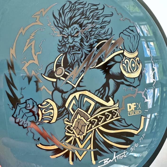 Illustration of Zeus drawn by Brian Allen for a series of limited edition disc golf discs for DFX on MVP discs