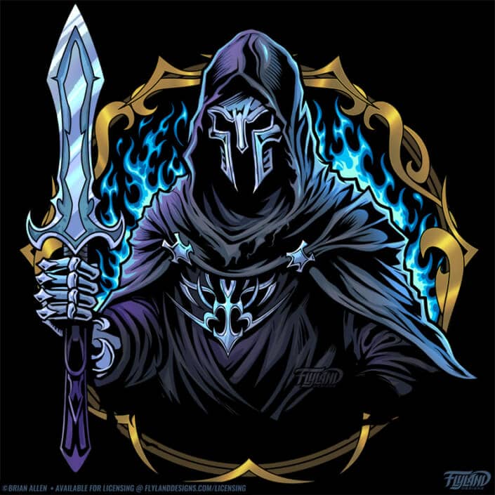 A dark knight in a hood is surrounded by blue flames while holding a sword, illustration by Brian Allen