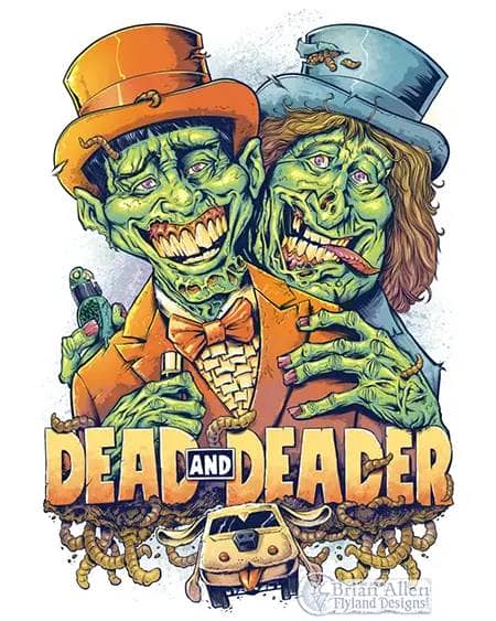 T-Shirt illustration I created as a tribute to one of the greatest films ever made: Dumb and Dumber. The piece is called "Dead and Deader," and features Harry (Jeff Daniels) and Lloyd (Jim Carey) as decaying zombie corpses.