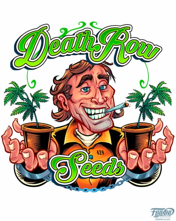 Seed-grower and packager Death Row Seeds hired me to illustrate this logo design for their website and packaging, of a friendly escaped convict proudly showing off his horticulture skills.