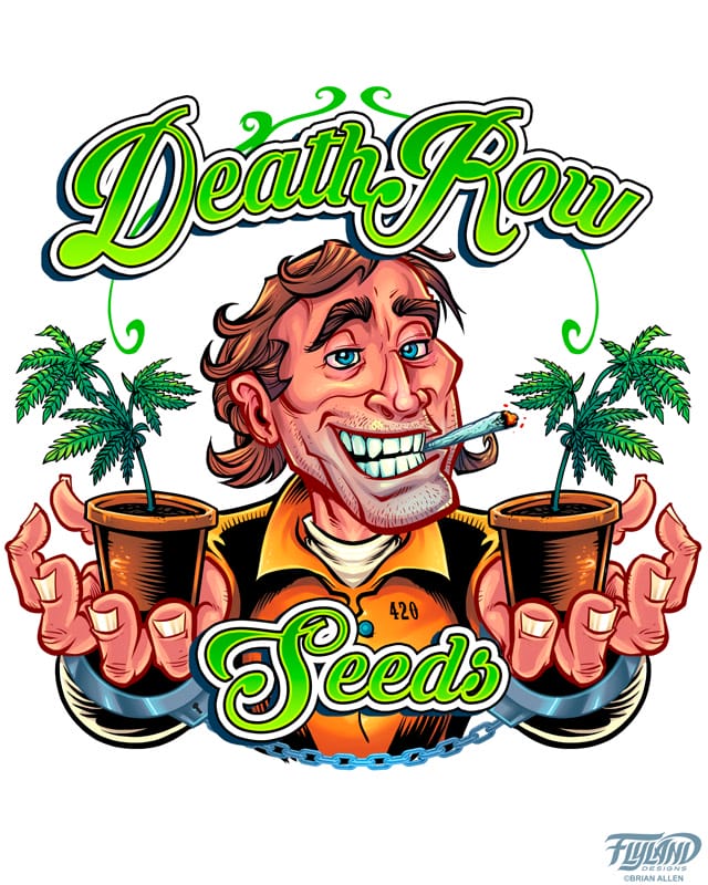 Seed-grower and packager Death Row Seeds hired me to illustrate this logo design for their website and packaging, of a friendly escaped convict proudly showing off his horticulture skills.