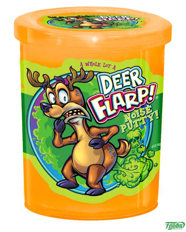 Noise putty label design of a cartoon deer farting, drawn by artist Brian Allen