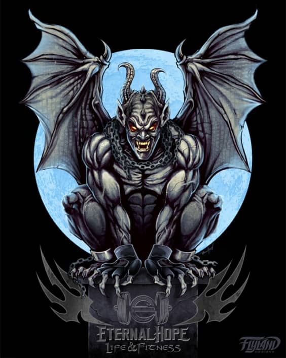 I illustrated this gargoyle t-shirt using Manga Studio 5, wearing MMA fight gloves sitting on a rooftop with a full moon behind.  Created for a fitness brand of apparel to be sold at their gyms and front their website.