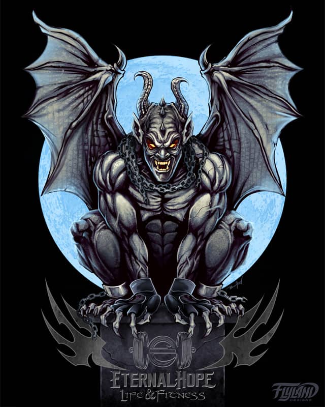 I illustrated this gargoyle t-shirt using Manga Studio 5, wearing MMA fight gloves sitting on a rooftop with a full moon behind.  Created for a fitness brand of apparel to be sold at their gyms and front their website.