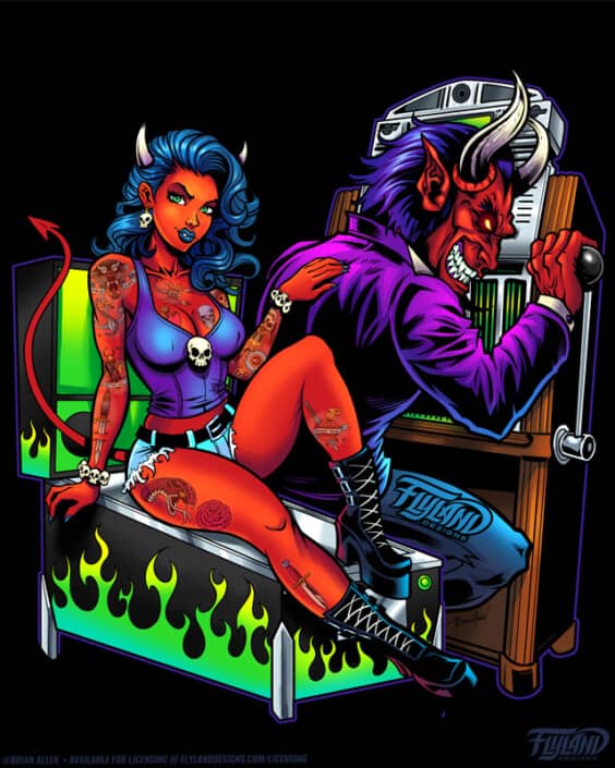 The devil and a devil girl are seated on a pinball machine, illustration by Brian Allen