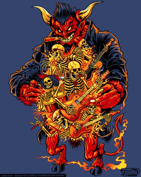 The devil opens his trenchcoat to reveal a skeleton band, illustration by Brian Allen