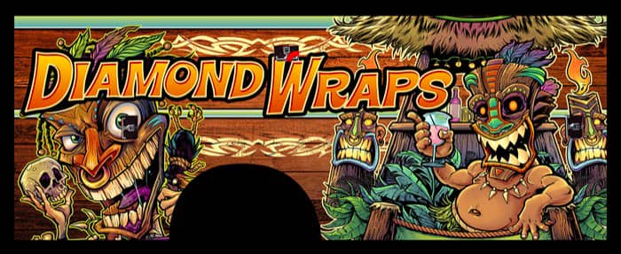 TA vehicle wrap showcasing many different tropical tiki characters. The text reads "Diamond Wraps"