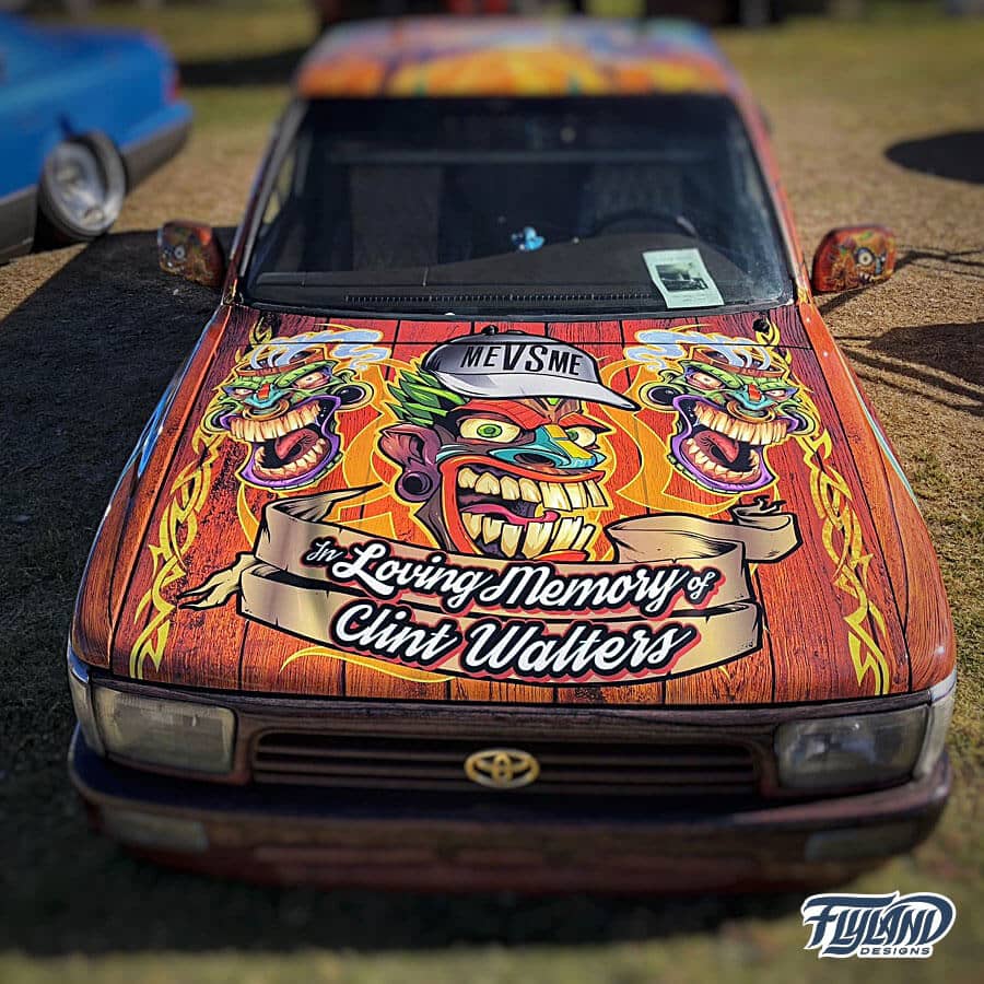 This wrap design I created using my tiki artwork won first place in a vehicle wrap competition 360 Carshow!
Diamond wraps did a hell of a great job printing this on vinyl and wrapping their beautiful truck in the design. They even customized an amazing bam