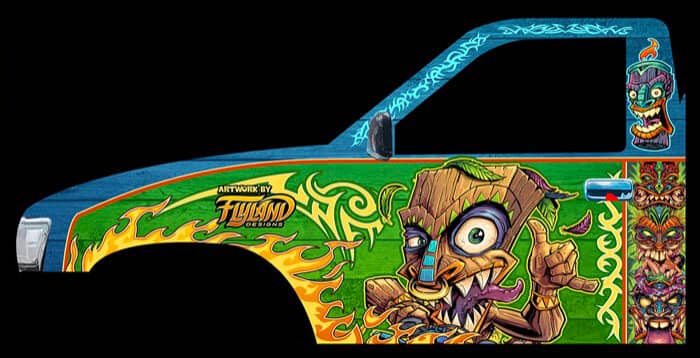 A vehicle wrap showcasing many different tropical tiki characters. The text reads "Diamond Wraps"