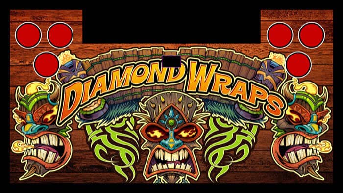 A vehicle wrap showcasing many different tropical tiki characters. The text reads "Diamond Wraps"