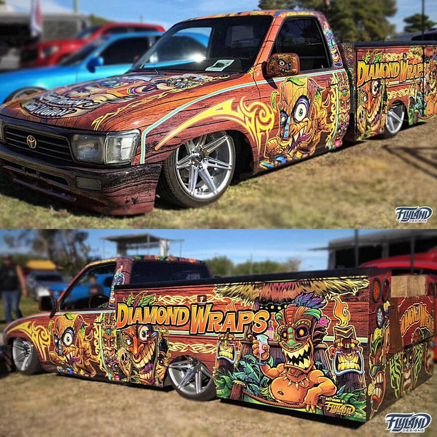 A vehicle wrap showcasing many different tropical tiki characters. The text reads "Diamond Wraps"