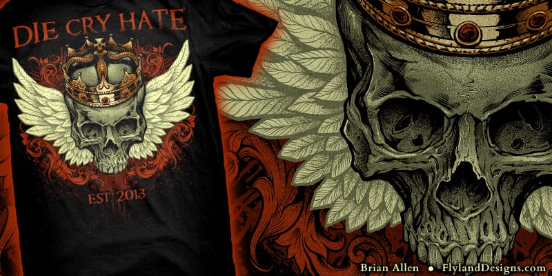 T-Shirt illustration of a skull with a crown and wings for skateboarders