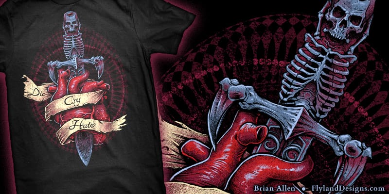 T-Shirt illustration of a sketleton dagger through a realistic looking heart