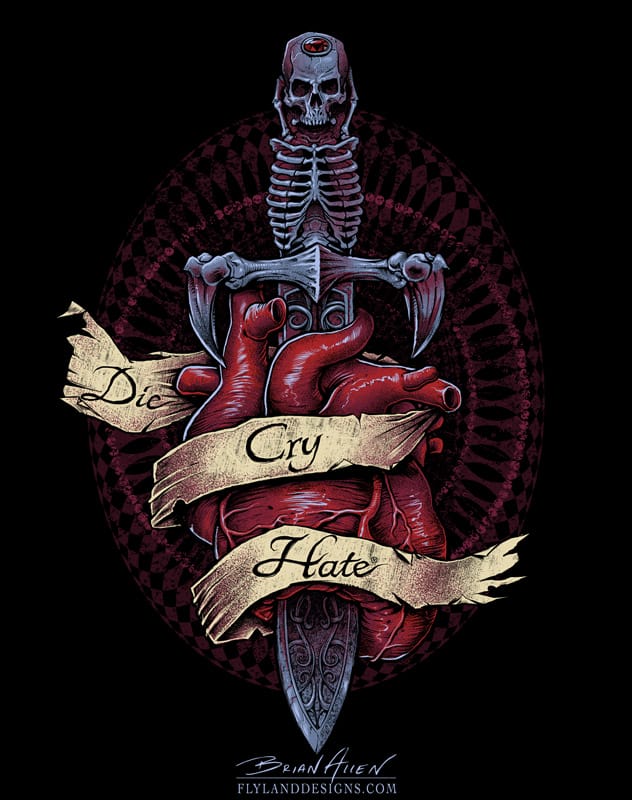 T-Shirt illustration of a sketleton dagger through a realistic looking heart