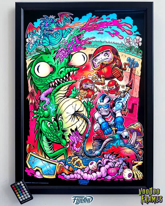 My Custom Illustration of  Dig Dug  characters  from the Retro Video Game  all bright at colorful lit up in the new  LED Voodoo Frames