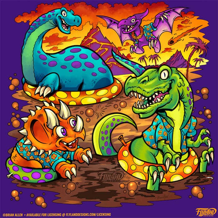 Dinosaurs wearing Hawiian shirts float on innertubes in a tar pit, illustration by Brian Allen