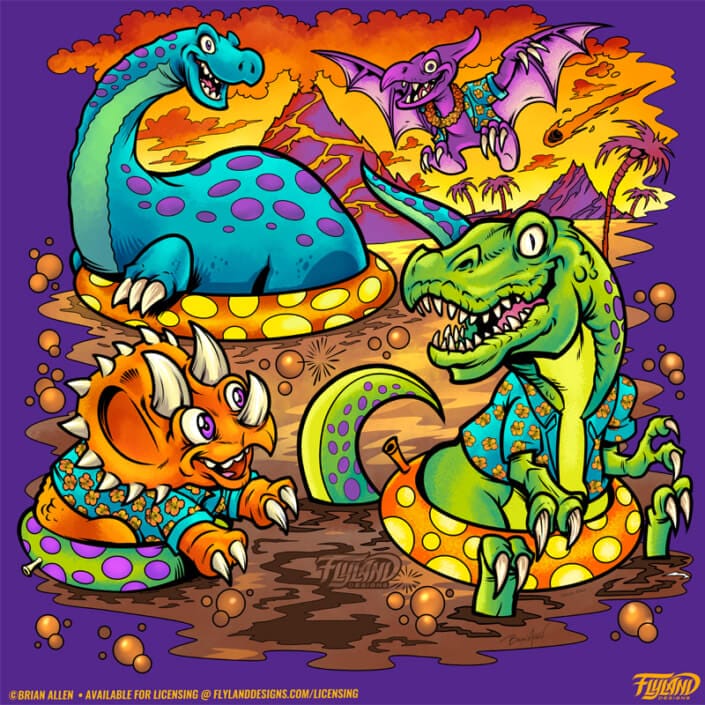 Dinosaurs wearing Hawiian shirts float on innertubes in a tar pit, illustration by Brian Allen