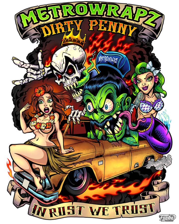 T-shirt design of a hula girl, mermaid, skeleton, and green monster on a car for Metrowrapz, drawn by artist Brian Allen