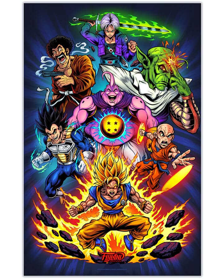 Illustration tribute to the heroes in Dragon Ball Z including Krilin, Boo, Trunks, Piccolo, Goku, Vegeta, and Mr. Satan drawn by artist Brian Allen
