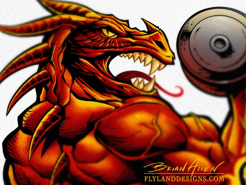 Custom logo design of a red muscle dragon lifting weights