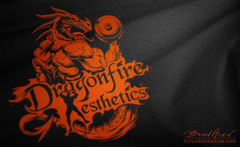 Custom logo design of a red muscle dragon lifting weights