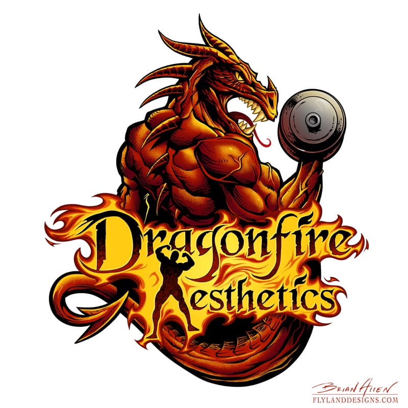 Custom logo design of a red muscle dragon lifting weights