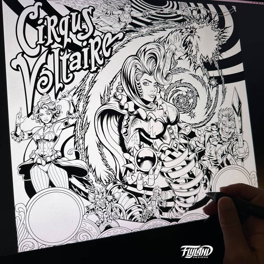 Illustration for the Cirqus Voltaire Pinball machine showing brighly colored circus performers, clowns, acrobats,  and a ringleader drawn by Brian Allen