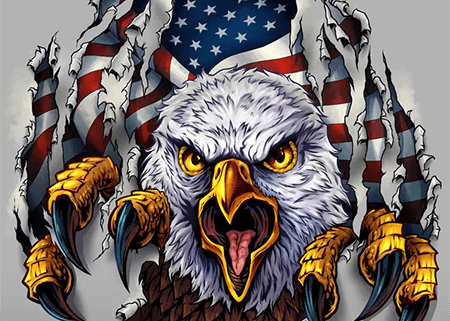 Eagle using talons to tear through what's in front of it and reveal an American flag