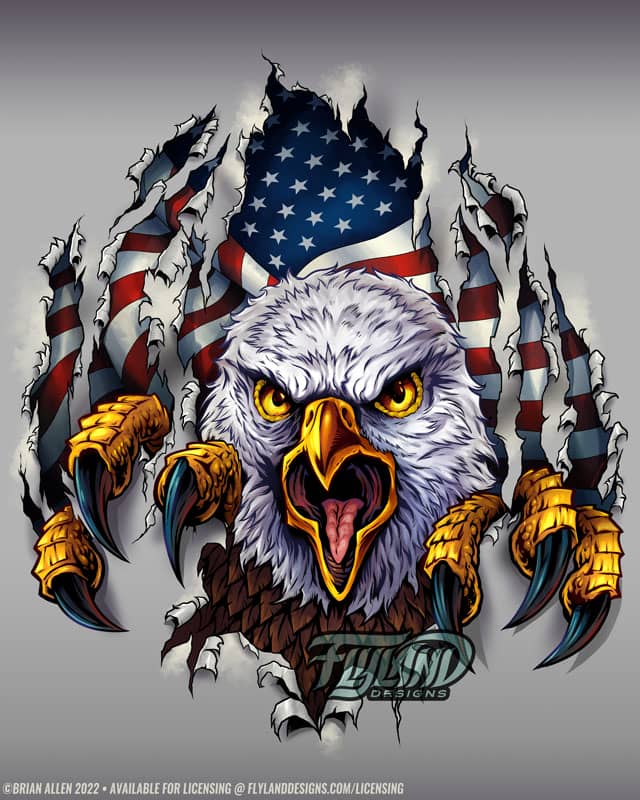A bald eagle tearing through a sheet of white paper to reveal an American flag.
Artwork by Brian Allen, Flyland Designs