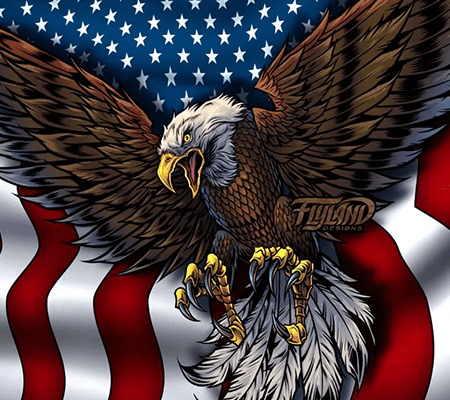 Eagle soaring in front of American flag