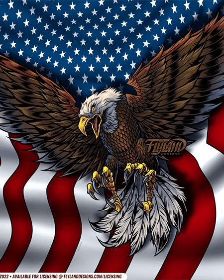 Eagle soaring in front of American flag