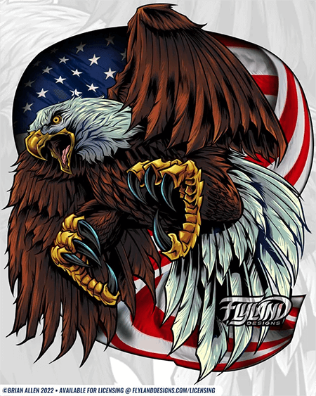 Eagle with talons in front of an American flag