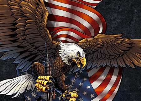 Eagle flying in front of an American flag with guns in its talons