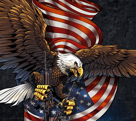 Eagle flying in front of an American flag with guns in its talons