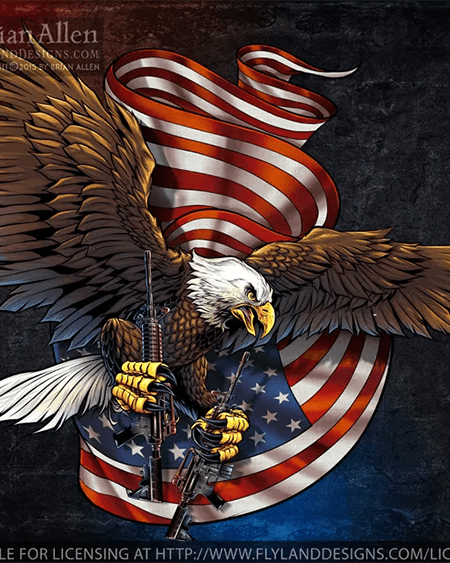 Eagle flying in front of an American flag with guns in its talons