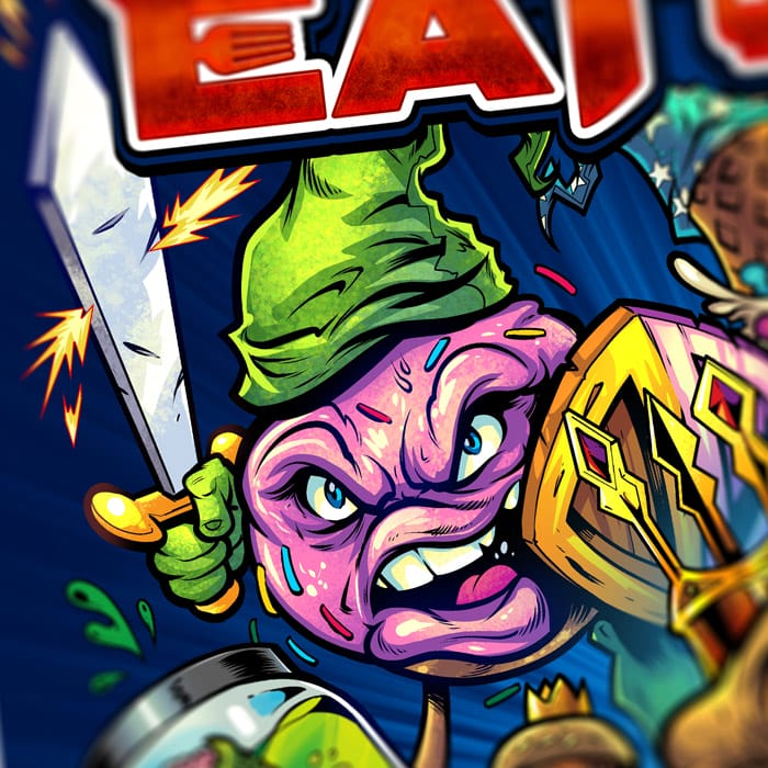 An illustration designed for Eat or Die that feature a bunch of angry and violent foods such as a cheeseburger, a slice of pizza, a bag of popcorn, a pot of coffee, a taco, a cake pop, a zombie pickle in a jar, and a toaster with pop tarts. 