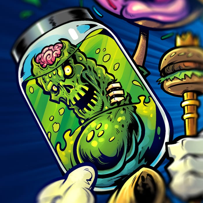 An illustration designed for Eat or Die that feature a bunch of angry and violent foods such as a cheeseburger, a slice of pizza, a bag of popcorn, a pot of coffee, a taco, a cake pop, a zombie pickle in a jar, and a toaster with pop tarts. 