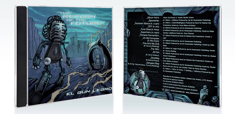 Custom album cover illustration of an alien robot for El Gun Legro, by freelance illustrator Brian Allen