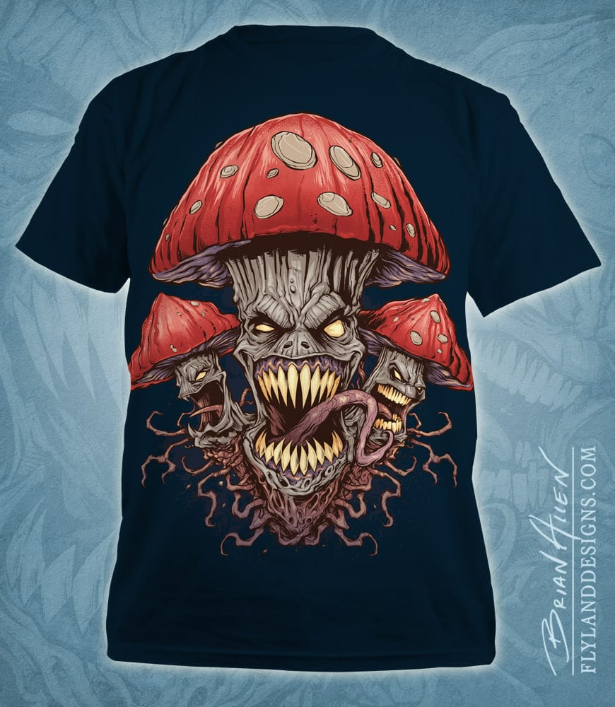 Illustration of evil mushrooms for a marijuana apparel brand