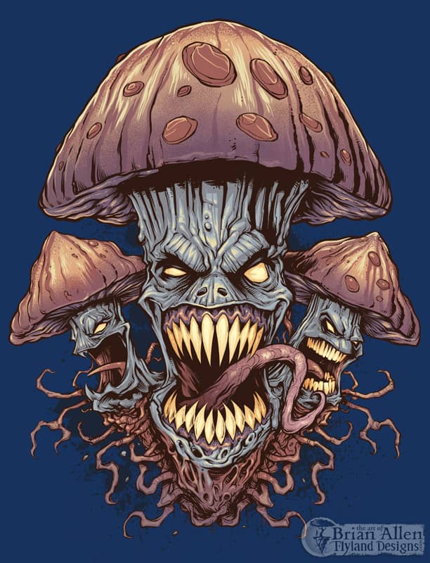 Illustration of evil mushrooms for a marijuana apparel brand