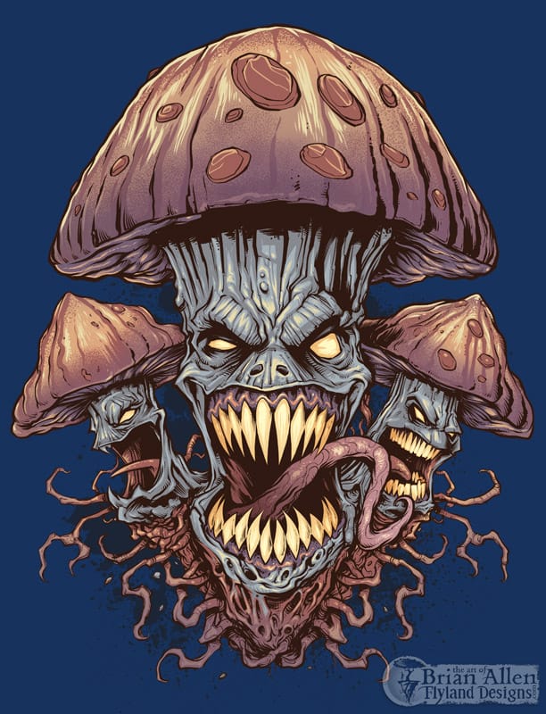 Illustration of evil mushrooms for a marijuana apparel brand