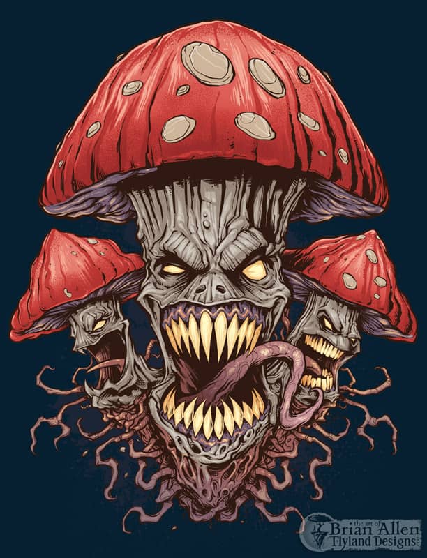 Illustration of evil mushrooms for a marijuana apparel brand