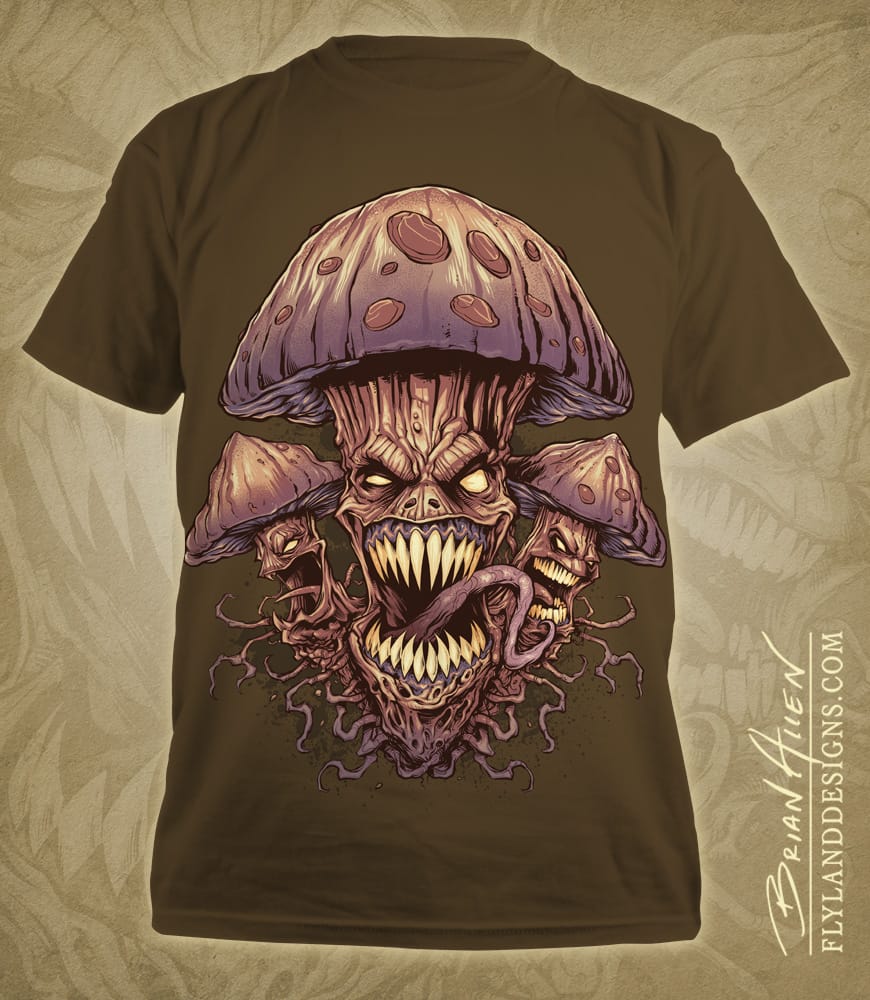 Illustration of evil mushrooms for a marijuana apparel brand