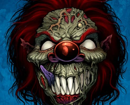 Comic book style illustration of an evil clown.  To see more of my work, or hire me for freelance projects, please visit my website:  www.flylanddesigns.com