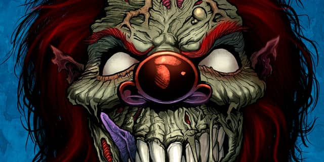 Comic book style illustration of an evil clown.  To see more of my work, or hire me for freelance projects, please visit my website:  www.flylanddesigns.com