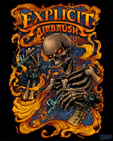 T-Shirt design I illustrated of a skeleton with dual airbrushes for the awesome airbrush shop Explicit Airbrush. The client and owner of the shop is an artist himself, so I had a lot of fun as our collective minds grew this illustration. This design is set